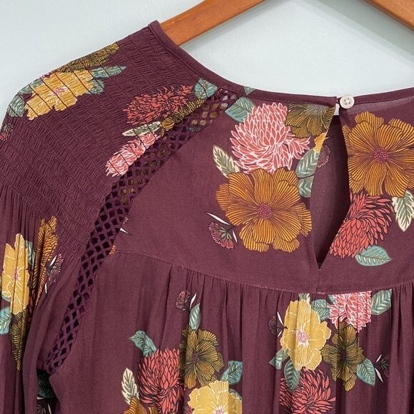 LOFT Burgundy Floral Long Sleeve Key Hole Back Blouse Ruched Crochet Lace Flowy - Picture 7 of 15